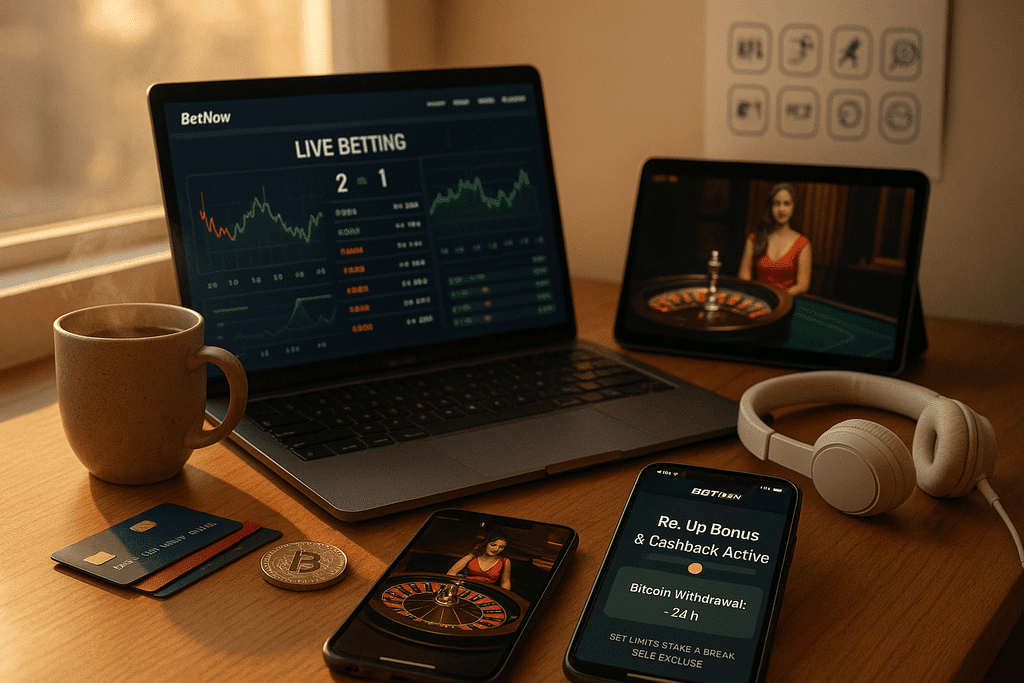 Cozy home betting setup for a BetNow Casino review with live betting, live dealer stream, re-up and cashback offers, and fast Bitcoin withdrawals.