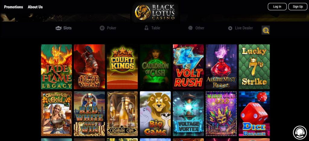 Black Lotus Casino homepage showing navigation bar with Promotions About Us and categories; colorful grid of 14 slot game icons including Jade Flame Legacy Forge of Vulcan Court Kings and more; Log In and Sign Up buttons visible.