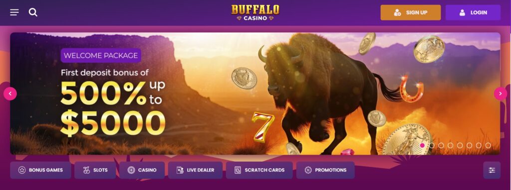 Promotional banner for Buffalo Casino showing a vibrant sunset background and a buffalo running through a field. The top displays BUFFALO CASINO in large yellow letters with SIGN UP and LOGIN buttons in the top right. Central text reads WELCOME PACKAGE — First deposit bonus of 500% up to $5000. Casino-themed graphics include stacks of gold coins, a red number 7, and a horseshoe. A navigation row at the bottom lists BONUS GAMES; SLOTS; CASINO; LIVE DEALER; SCRATCH CARDS; PROMOTIONS. Bright, warm color palette and bold typography emphasize the promotional call to action.
