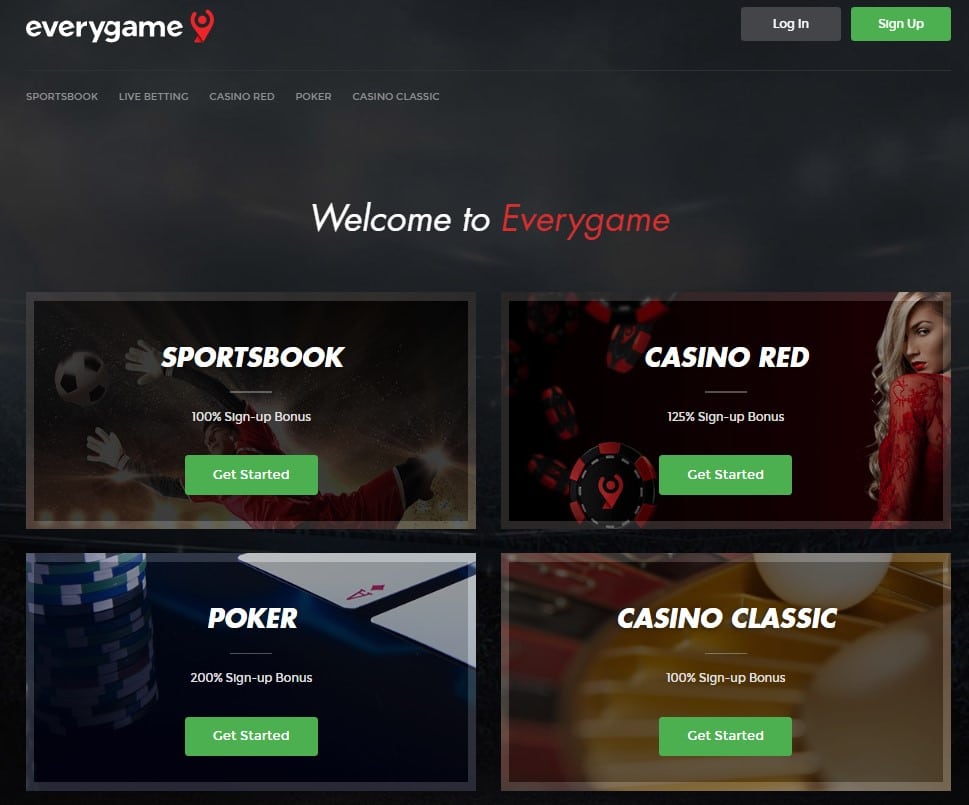 Everygame Casino homepage with welcome banner and tiles promoting sportsbook, Casino Red, poker, and Casino Classic sign-up bonuses with green Get Started buttons.