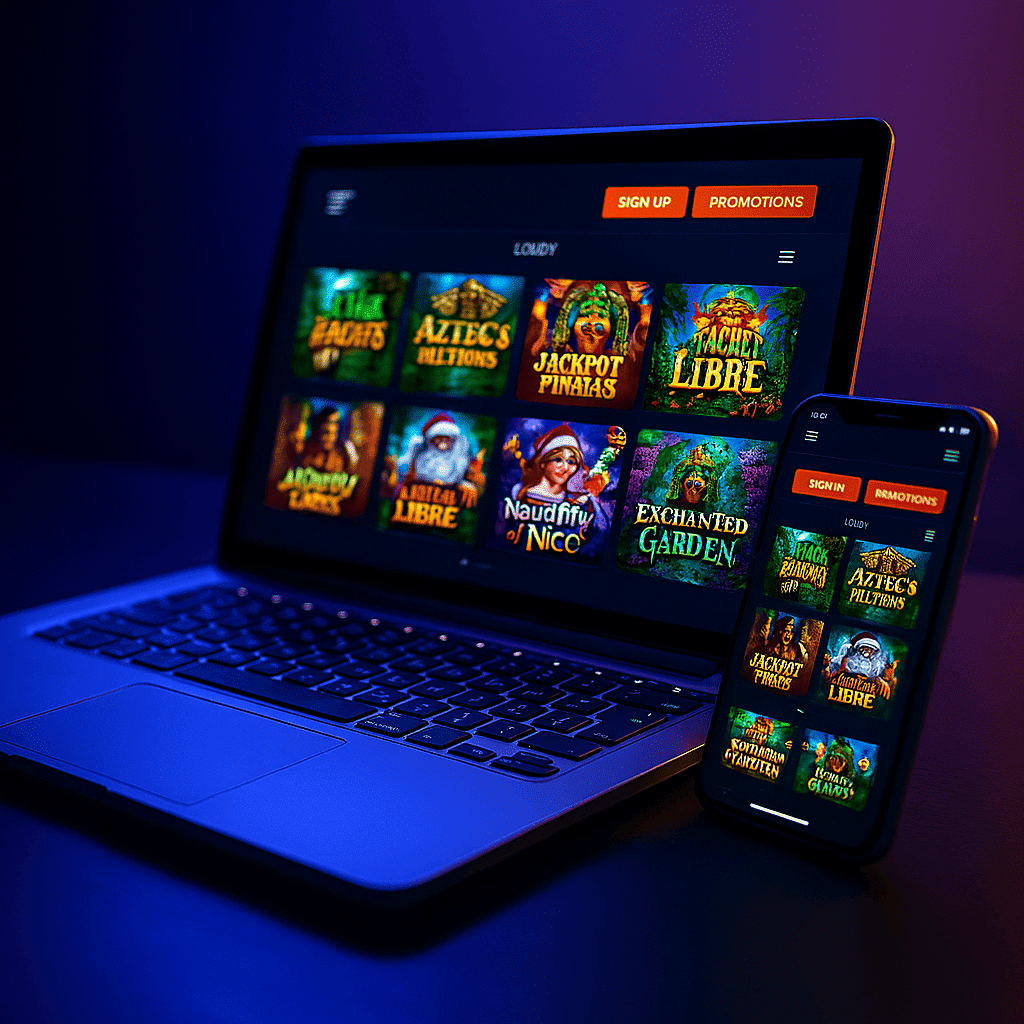 Raging Bull Casino lobby on laptop and phone showing RTG slot thumbnails, sign-up and promotions buttons