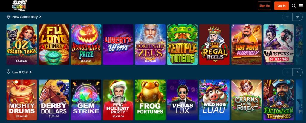 Screenshot of Sloto'Cash Casino online lobby displaying two sections titled New Games Rally and Low & Chill with nine slot game tiles each. Each tile shows a colorful game icon and title such as Oz Golden Trail, Fortunate Zeus, Mighty Drums, and Derby Dollars, with several tiles displaying live jackpot amounts like 8,378.28 and 7,342.46.