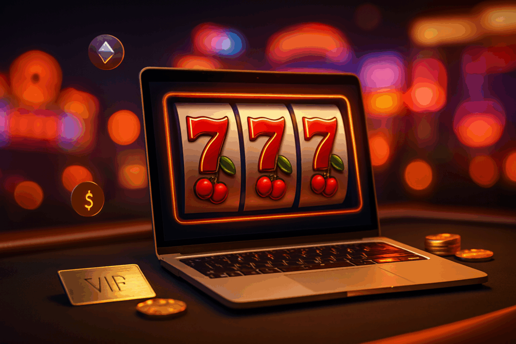 Slots of Vegas Casino Review 2025 hero image with laptop showing generic slot reels, VIP perks, and crypto banking against neon Las Vegas lights.