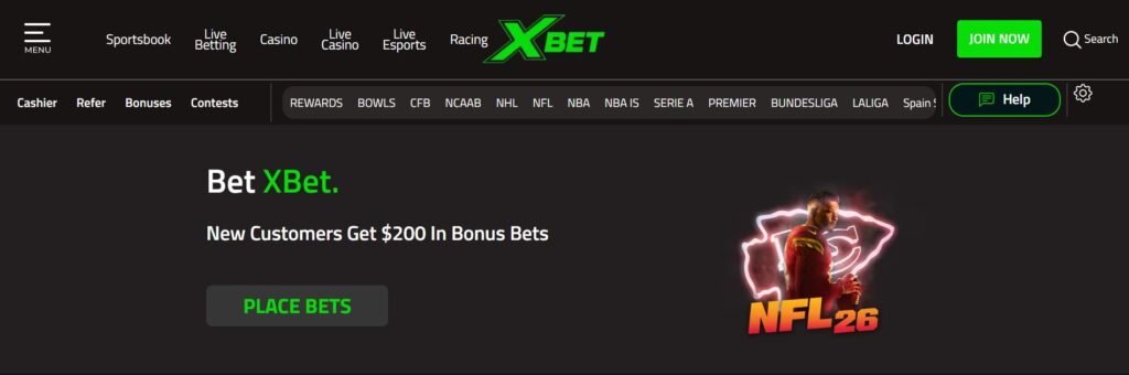 XBet sportsbook homepage banner promoting new customers $200 bonus bets with a green Place Bets button and an NFL player in red beside a glowing Kansas City Chiefs logo.